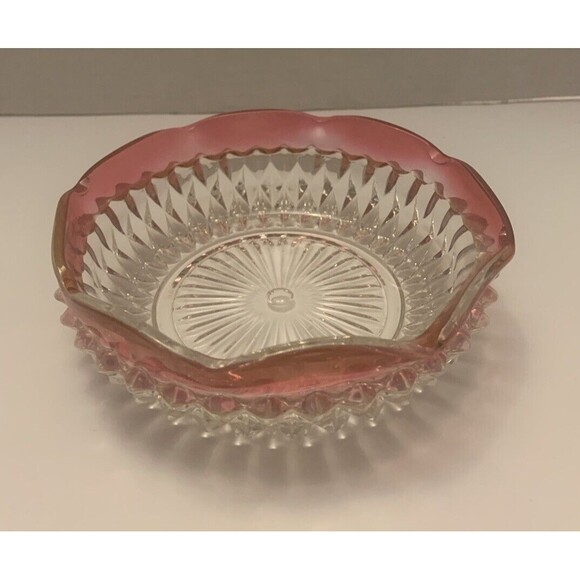 Vintage Pink Rim Crystal Cut Glass Bowl Set Scalloped Edge Pedestal Compote Dish - Picture 2 of 11